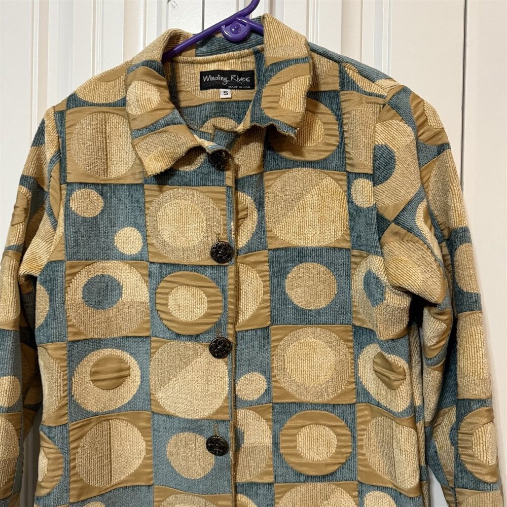 Winding River Blue Tan Geometric Blanket Tapestry Jacket Women's Small Chenille - Picture 2 of 8